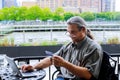 Man hands using laptop and holding credit card with online shopping in morning light