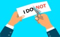 man hands using scissors cut the word I do not text. Confidence, courage, risk and motivation concept. Flat design Royalty Free Stock Photo