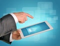 Man hands using tablet pc with wire-frame Royalty Free Stock Photo