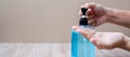 Man hands using wash hand alcohol gel or sanitizer bottle dispenser, against Novel coronavirus or Corona Virus Disease Covid-19 Royalty Free Stock Photo