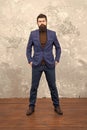 Man handsome bearded businessman wear luxury formal suit. Menswear and fashion concept. Guy brutal fashion model