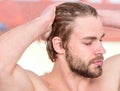 Man handsome bearded just wake up. Macho attractive appearance care about beauty. Essential practices beauty routine Royalty Free Stock Photo