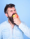 Man handsome hipster with long beard eating apple. I love apples Man diet nutrition eats fruit. Hipster hungry bites