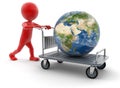 Man and Handtruck with Globe (clipping path included) Royalty Free Stock Photo