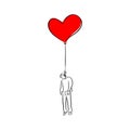 Man hanged on red heart shape balloon vector illustration sketch doodle hand drawn with black lines isolated on white background. Royalty Free Stock Photo