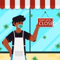 Man hanging a closed signboard Vector illustration. Royalty Free Stock Photo