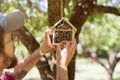 Man hanging insect hotel on the tree Royalty Free Stock Photo