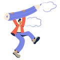 Man hangs and flies on a large pencil and draws clouds. Man draw in the air. Creative art ideas. Royalty Free Stock Photo
