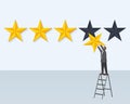 Man Hangs Rating Golden Star Stands on Step-Ladder