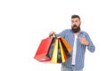 Man happy consumer hold shopping bags. Buy and sell. Consumer protection laws ensure rights. Fair trade competition and