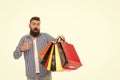 Man happy consumer hold shopping bags. Buy and sell. Consumer protection laws ensure rights. Fair trade competition and