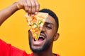 man happy fast guy pizzeria background black food red smile delivery food pizza