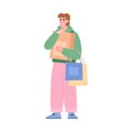 Man happy with his shopping at sale, flat vector illustration isolated. Royalty Free Stock Photo