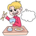 A man with a happy laughing face ready to eat delicious food. doodle icon image kawaii