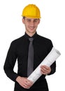 Man with Hard Hat Holding Rolled Up Blueprints Royalty Free Stock Photo