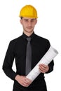 Man with Hard Hat Holding Rolled Up Blueprints Royalty Free Stock Photo