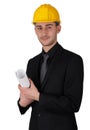 Man with Hard Hat Holding Rolled Up Blueprints Royalty Free Stock Photo