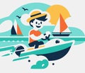 Man has fun riding motorboat. Flat vector illustration