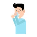 A man has a runny nose.Flat illustration.Rhinitis.Allergies to pollen, Pets.The disease is viral, ill health.Vector illustration