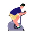 Man has training on cycling machine, flat cartoon vector illustration isolated.