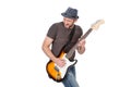 Man with hat and beard play on electric guitar with enthusiasm. Isolated on white Royalty Free Stock Photo