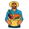 Man in hat holding full basket of vegetables flat illustration. farmer and his harvest