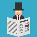 A man with a hat and mustaches is reading newspapers. Funny retro character in a suit. Royalty Free Stock Photo