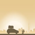 Man with hat playing guiter and car with lugguage with Eifel tower in cityscape yellow gradient shade background illustration Royalty Free Stock Photo