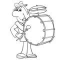 A man in a hat plays the drum that hangs on the straps on his shoulder, a contour drawing, cartoon, isolated object on a