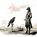 Classic Americana Illustration: Man And Bird In Monochrome Landscape