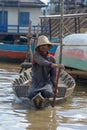 Man with Hat Rowing Tonle Sap Lake Fishing Village Cambodia Royalty Free Stock Photo