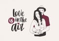 Man in hat standing behind woman with braids and embracing her and Love Is In The Air lettering on light background Royalty Free Stock Photo