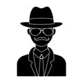 Man in hat suit raincoat and glasses. The detective undercover.Detective single icon in blake style vector symbol stock