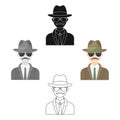 Man in hat suit raincoat and glasses. The detective undercover.Detective single icon in cartoon,black style vector