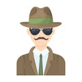 Man in hat suit raincoat and glasses. The detective undercover.Detective single icon in cartoon style vector symbol