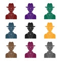 Man in hat suit raincoat and glasses. The detective undercover.Detective single icon in blake style vector symbol stock