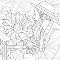 Man in a hat and sunflowers.Coloring book antistress for children and adults. Royalty Free Stock Photo