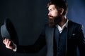 Man with hat. Vintage fashion. Man well groomed bearded gentleman on dark background. Male fashion and menswear. Formal Royalty Free Stock Photo