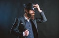 Man with hat. Vintage fashion. Man well groomed bearded gentleman on dark background. Male fashion and menswear. Retro Royalty Free Stock Photo