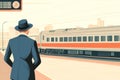 A man in a hat waiting for a train at the station, a flat design illustration in a vector style. Generative AI. Royalty Free Stock Photo