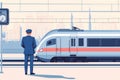 A man in a hat waiting for a train at the station, a flat design illustration in a vector style. Generative AI. Royalty Free Stock Photo