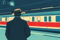 A man in a hat waiting for a train at the station, a flat design illustration in a vector style. Generative AI. Royalty Free Stock Photo