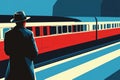 A man in a hat waiting for a train at the station, a flat design illustration in a vector style. Generative AI. Royalty Free Stock Photo