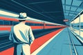 A man in a hat waiting for a train at the station, a flat design illustration in a vector style. Generative AI. Royalty Free Stock Photo