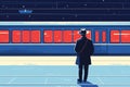 A man in a hat waiting for a train at the station, a flat design illustration in a vector style. Generative AI. Royalty Free Stock Photo