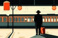 A man in a hat waiting for a train at the station, a flat design illustration in a vector style. Generative AI. Royalty Free Stock Photo