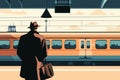 A man in a hat waiting for a train at the station, a flat design illustration in a vector style. Generative AI. Royalty Free Stock Photo