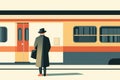A man in a hat waiting for a train at the station, a flat design illustration in a vector style. Generative AI. Royalty Free Stock Photo
