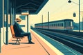 A man in a hat waiting for a train at the station, a flat design illustration in a vector style. Generative AI. Royalty Free Stock Photo