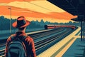 A man in a hat waiting for a train at the station, a flat design illustration in a vector style. Generative AI. Royalty Free Stock Photo